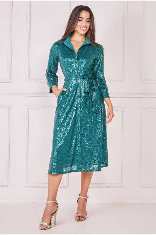 Sequin Skater Shirt Dress - Emerald Green by Goddiva sold by Goddiva