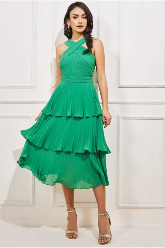 Goddiva Pleated Bodice Chiffon Tiered Midi - Green sold by Goddiva