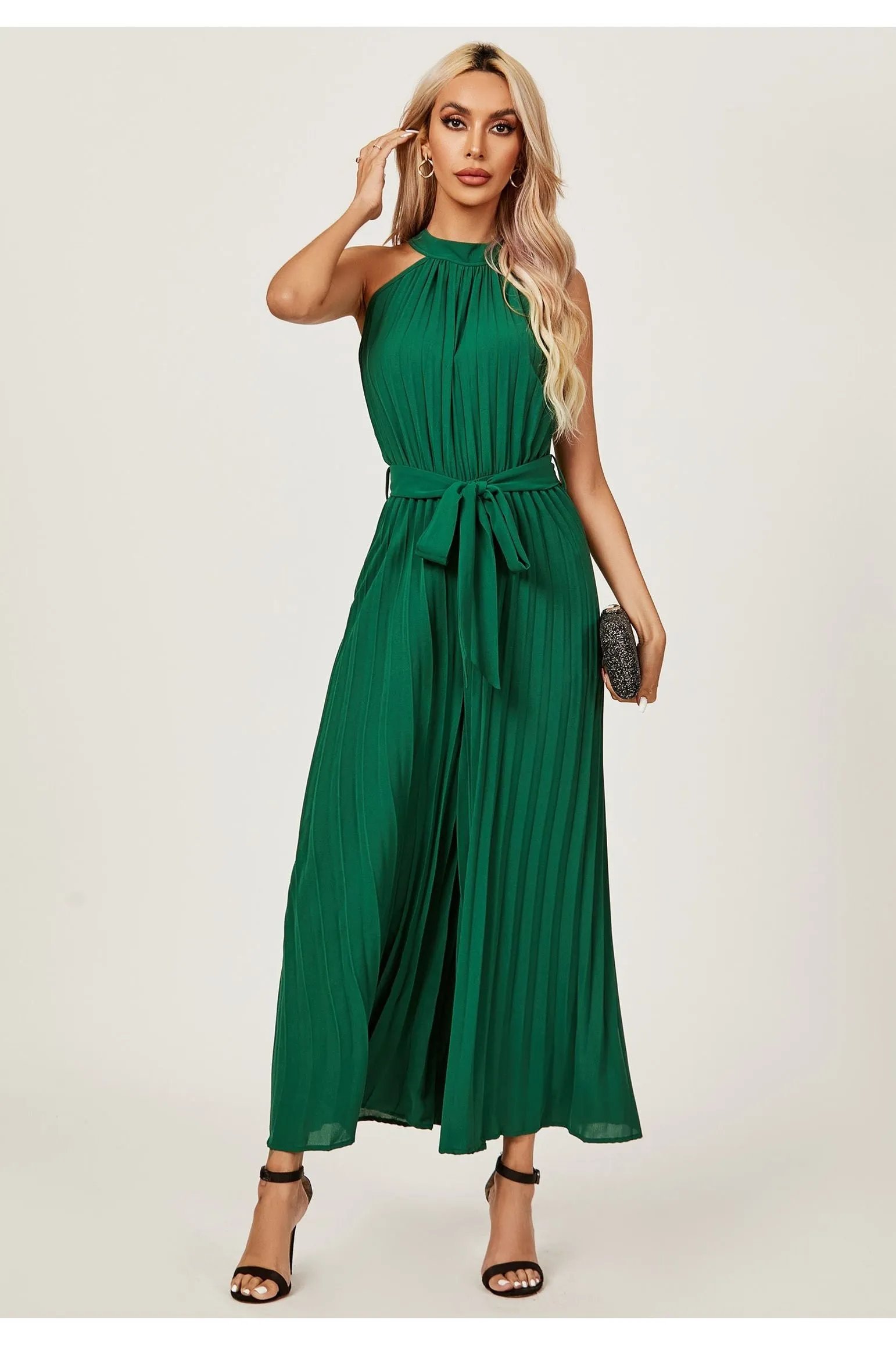 FS Collection Halter Neck Pleated Jumpsuit In Green sold by Goddiva product image thumbnail 4