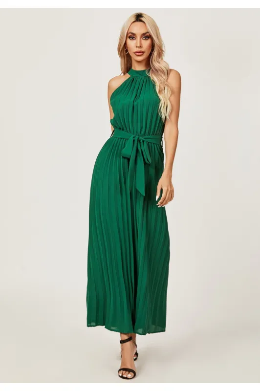 FS Collection Halter Neck Pleated Jumpsuit In Green sold by Goddiva