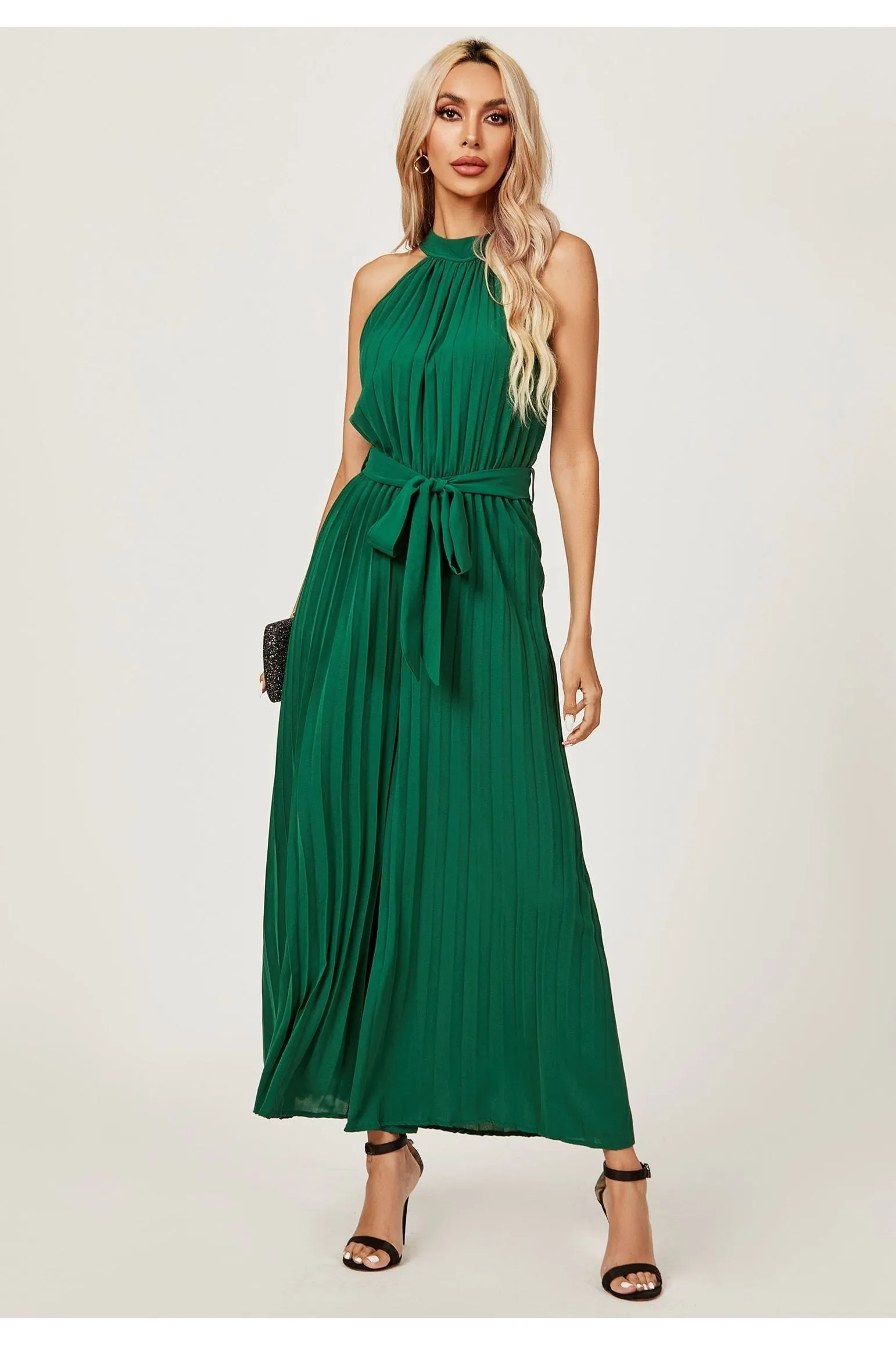 FS Collection Halter Neck Pleated Jumpsuit In Green sold by Goddiva product image thumbnail 2