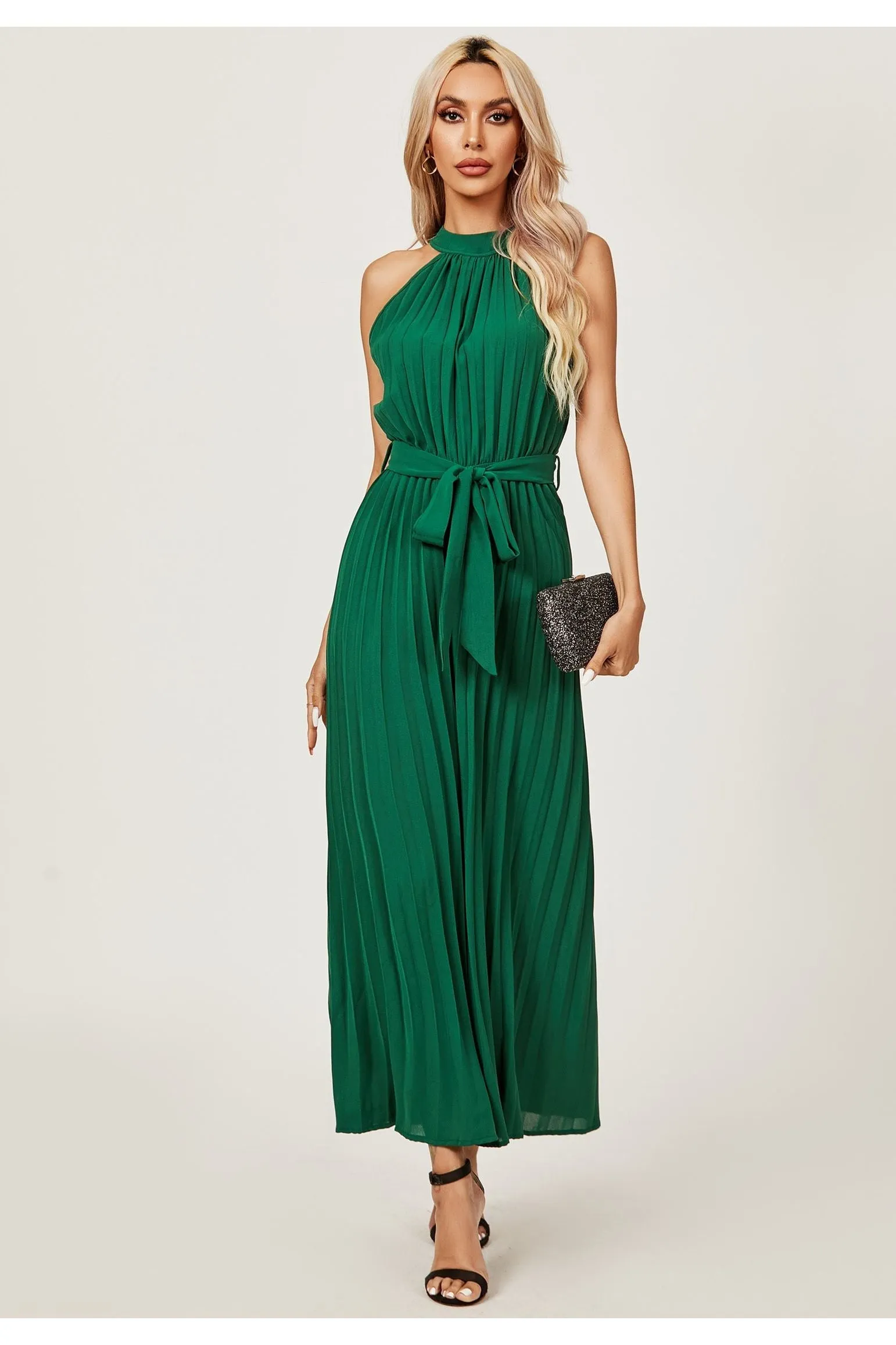 FS Collection Halter Neck Pleated Jumpsuit In Green sold by Goddiva product image thumbnail 3