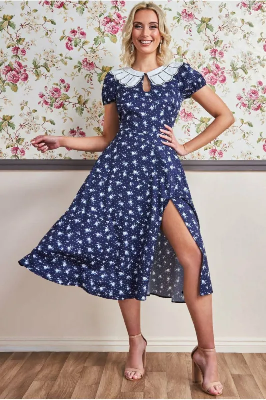 Goddiva Printed Midi With Front Split - Navy sold by Goddiva