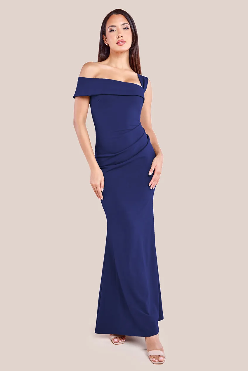 Off The Shoulder Pleated Waist Maxi Dress - Navy by Goddiva sold by Goddiva