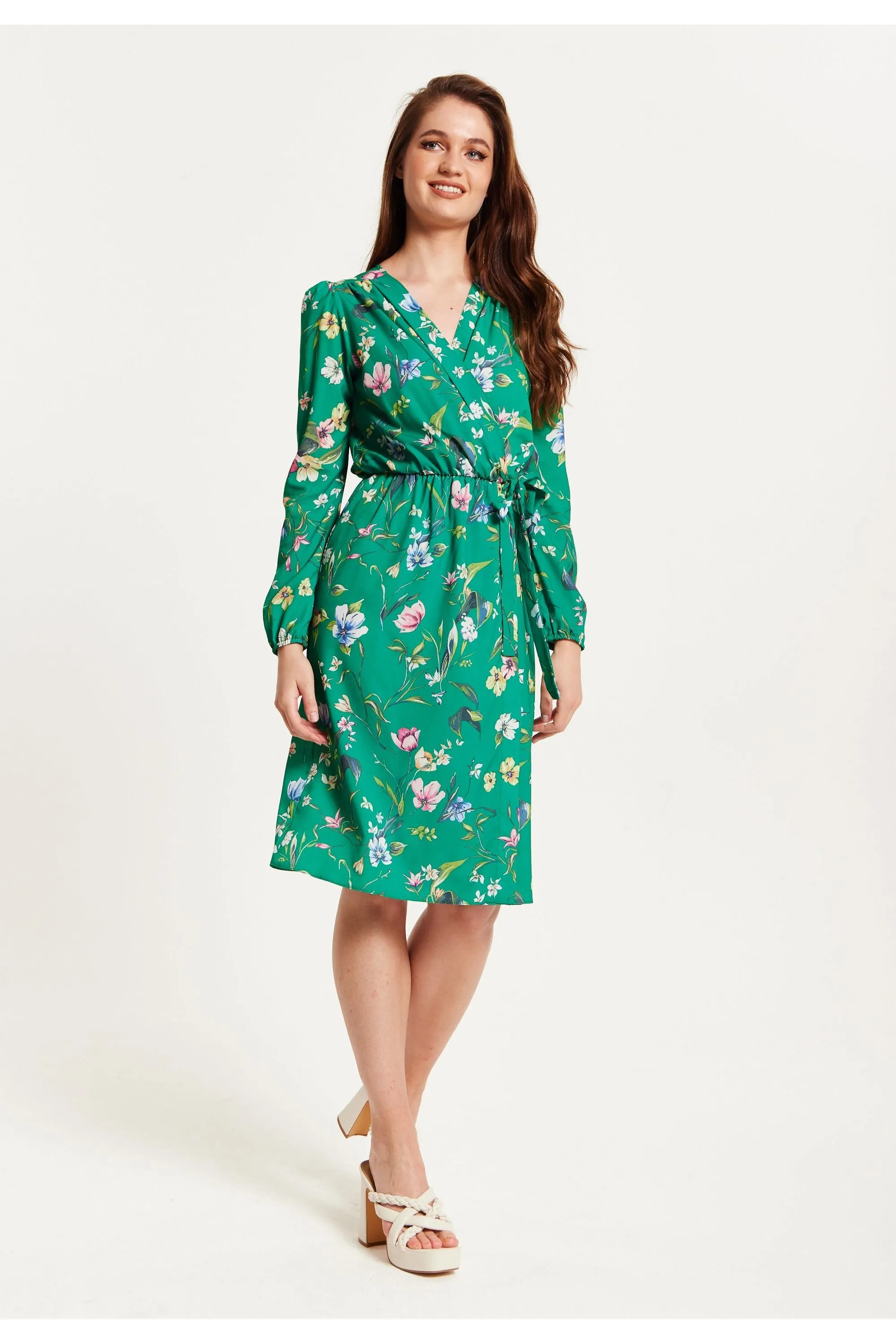 Liquorish Green Floral Print Midi Fake Wrap Dress sold by Goddiva