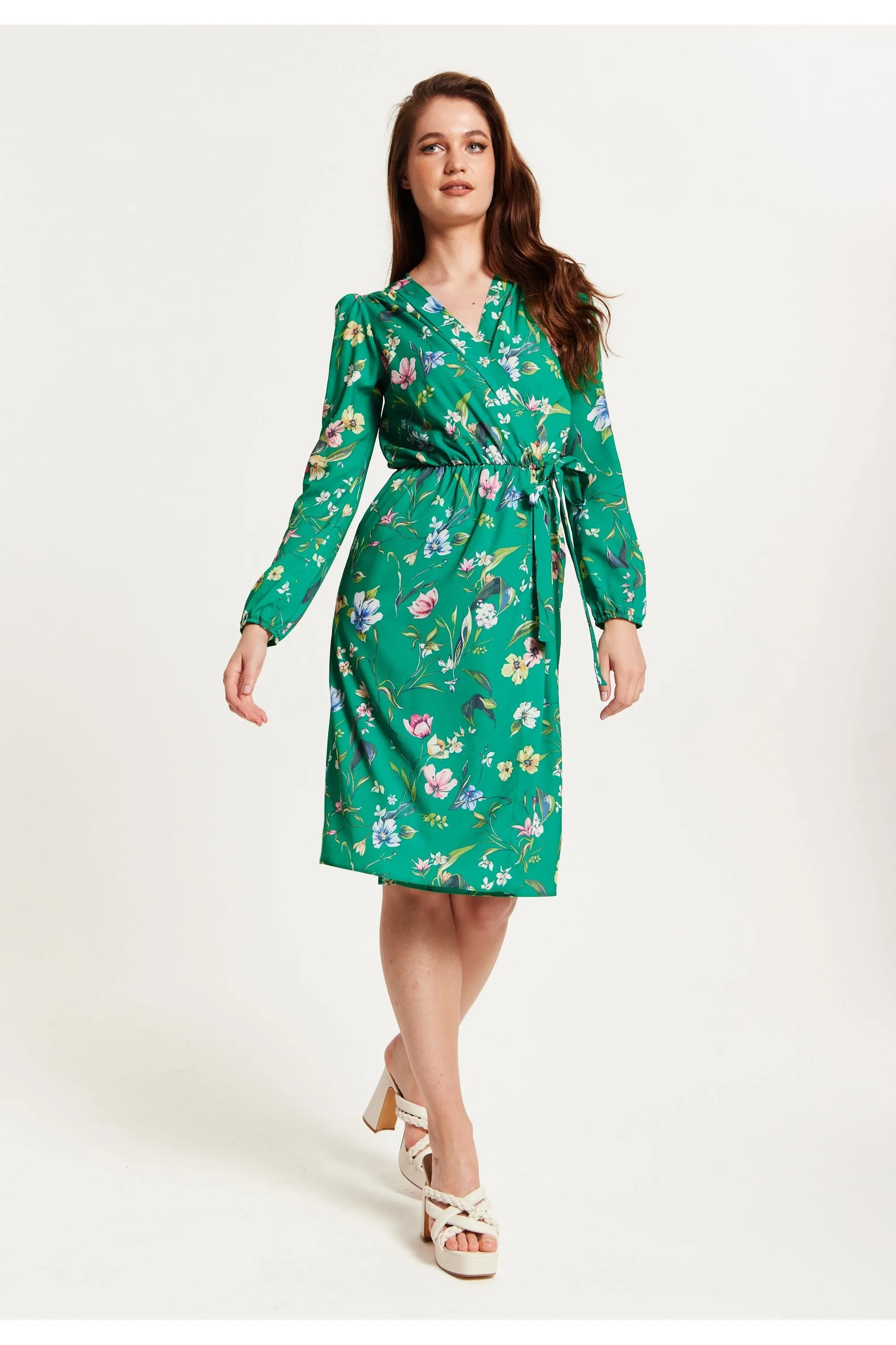 Liquorish Green Floral Print Midi Fake Wrap Dress sold by Goddiva product image thumbnail 2