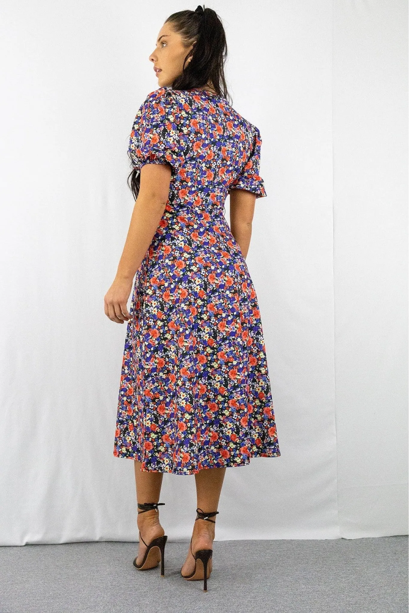 Signage Blue Floral Print Round Neck Puff Sleeve Midi Dress sold by Goddiva product image thumbnail 3