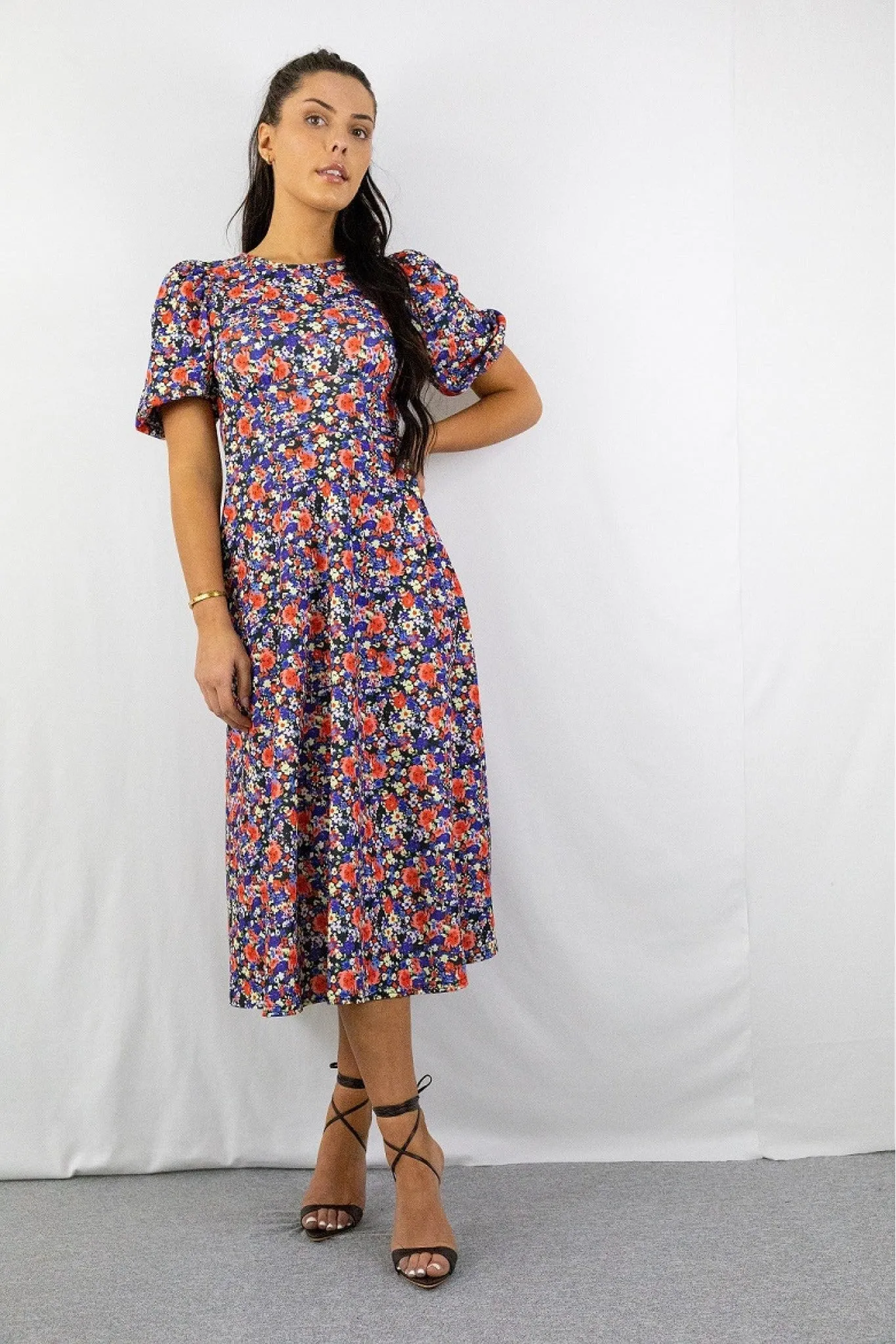 Signage Blue Floral Print Round Neck Puff Sleeve Midi Dress sold by Goddiva product image thumbnail 5