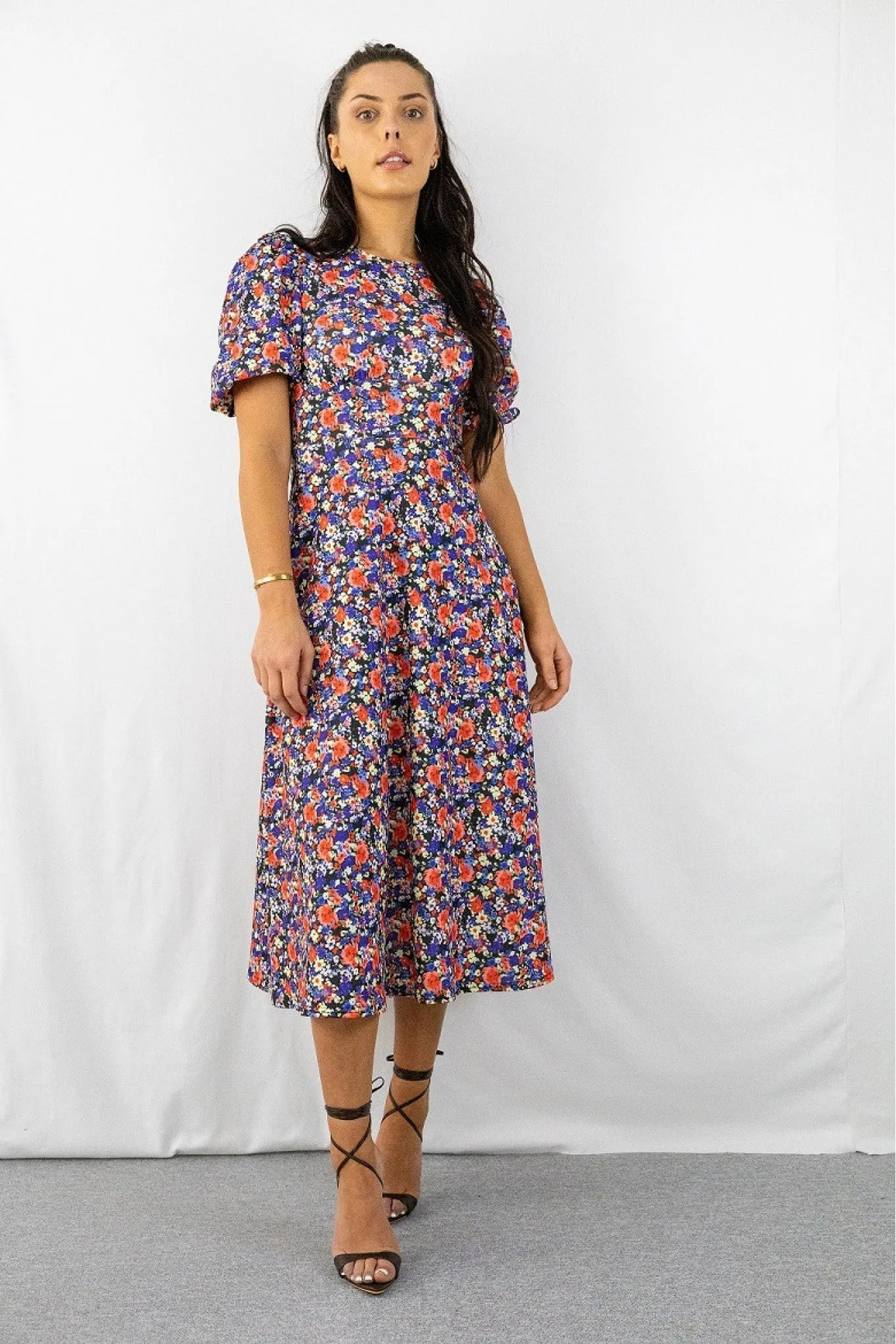 Signage Blue Floral Print Round Neck Puff Sleeve Midi Dress sold by Goddiva