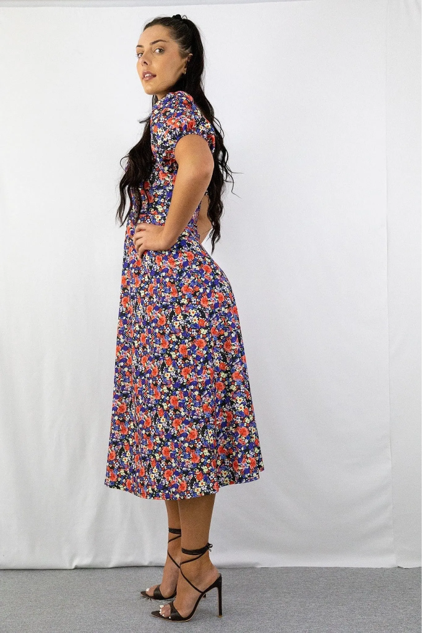 Signage Blue Floral Print Round Neck Puff Sleeve Midi Dress sold by Goddiva product image thumbnail 2