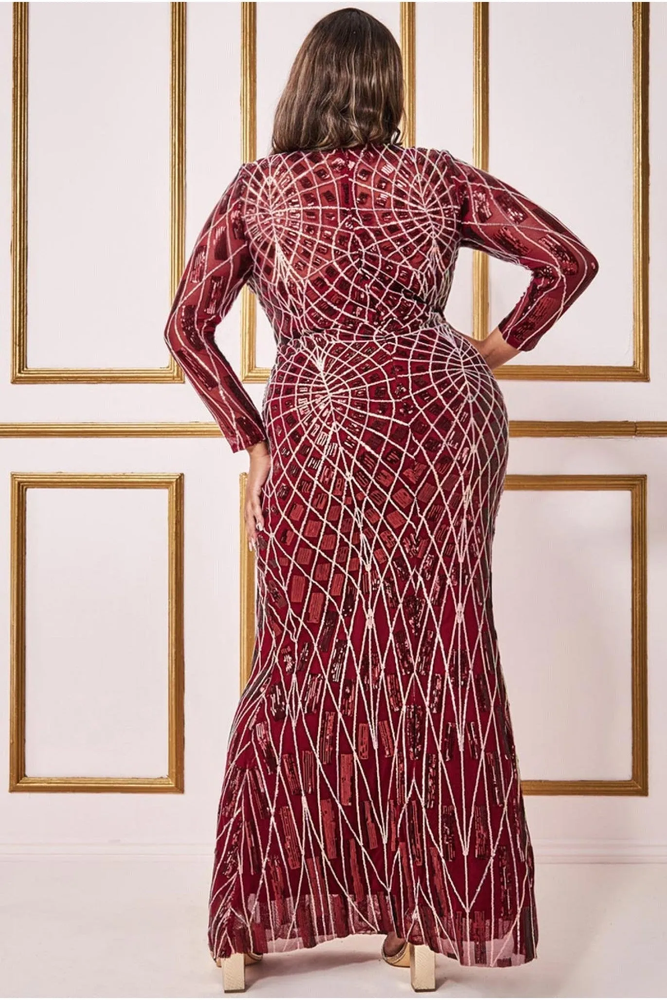 Geo Sequin Long Sleeve Maxi Dress - Wine by Goddiva Plus sold by Goddiva product image thumbnail 2