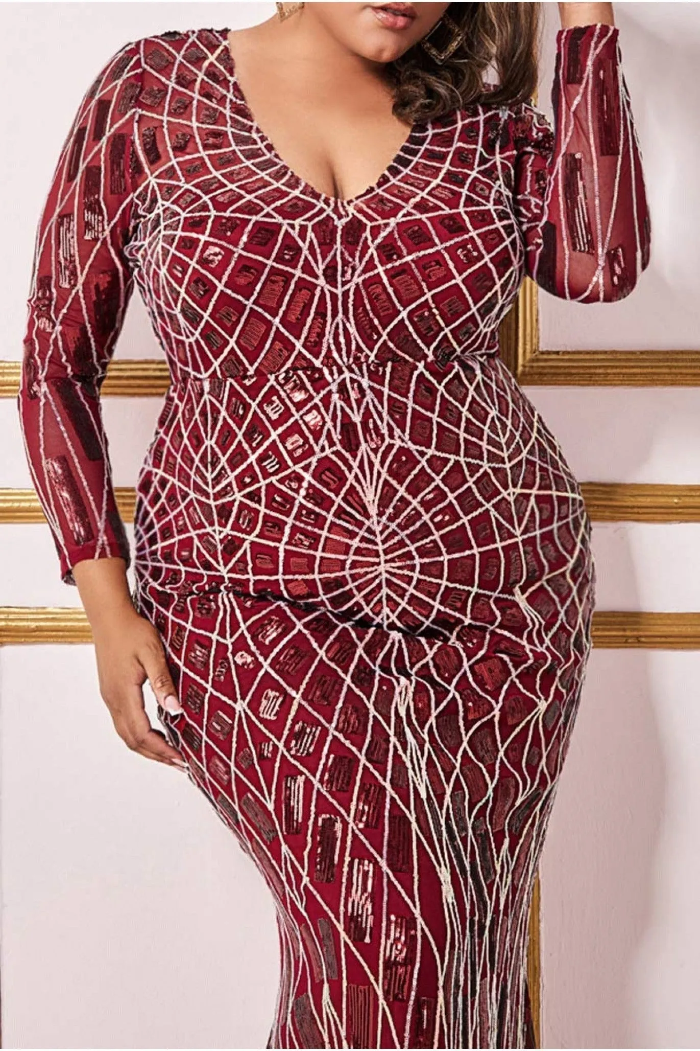 Geo Sequin Long Sleeve Maxi Dress - Wine by Goddiva Plus sold by Goddiva product image thumbnail 3