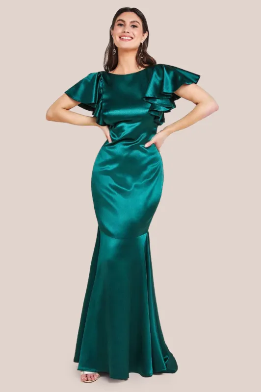 Satin Flutter Sleeve Mermaid Maxi - Emerald Green by Goddiva sold by Goddiva