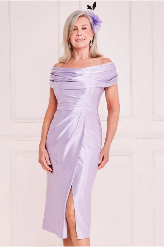 Satin Front Split Bardot Cowl Midi - Lilac by Goddiva sold by Goddiva
