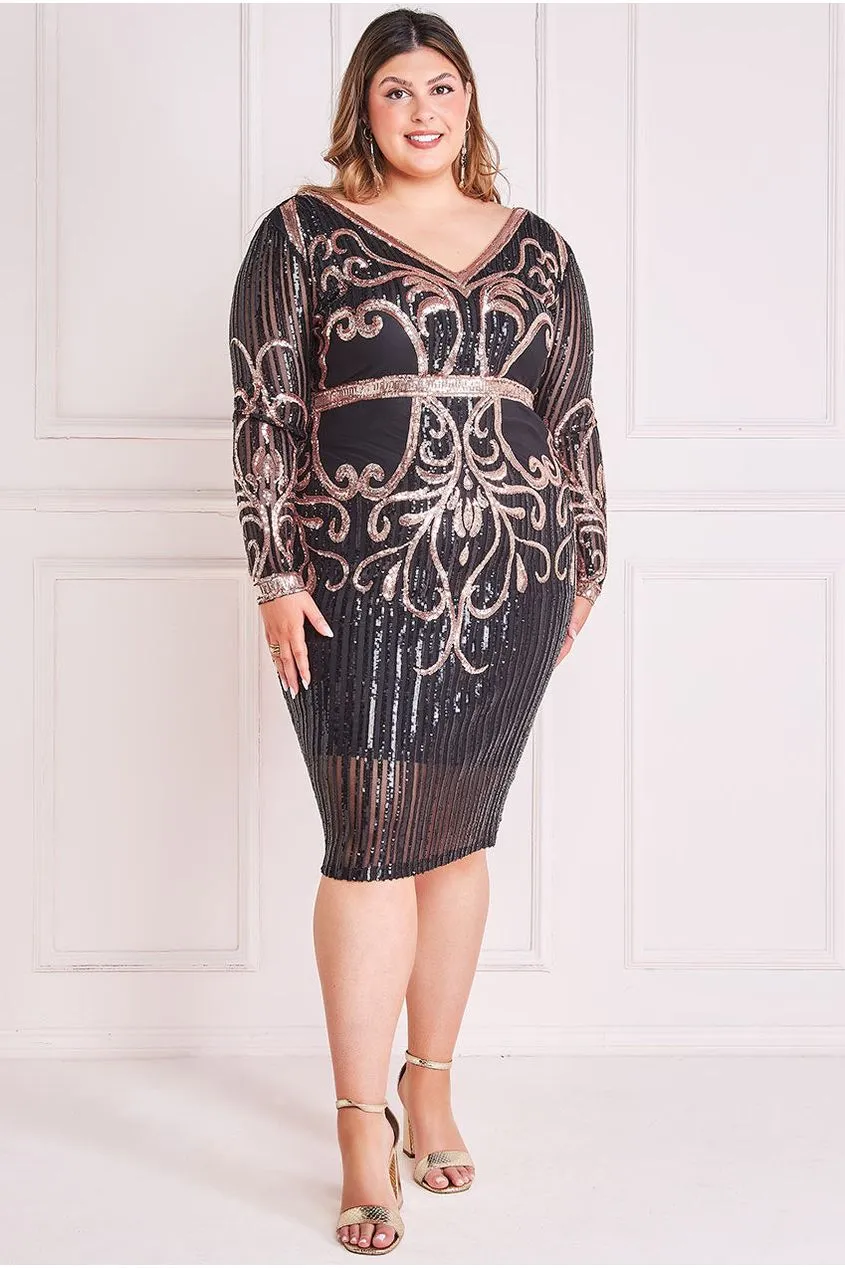 Sequin Mesh V Neck Midi Dress - Black by Goddiva Plus sold by Goddiva