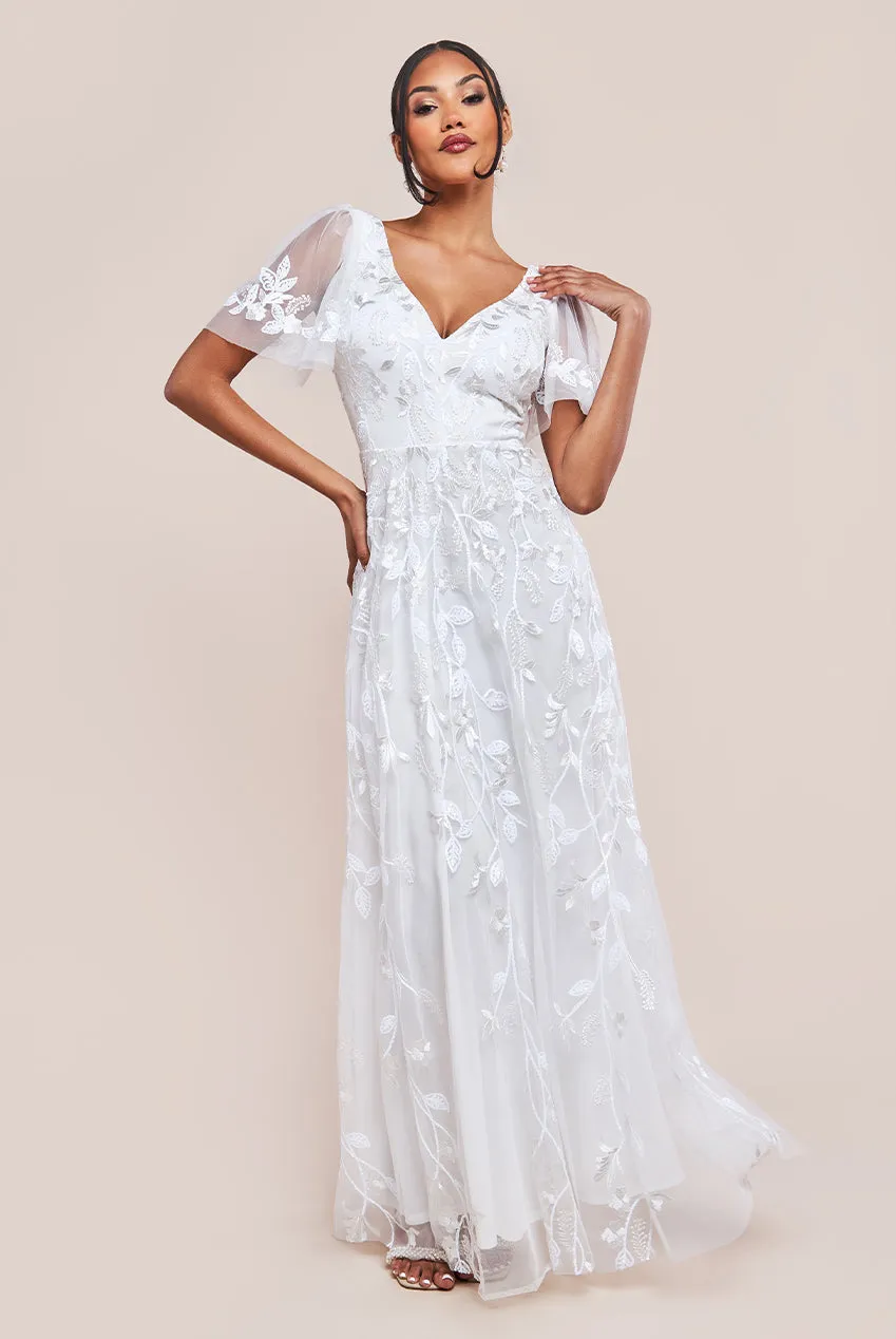 Flared Sleeve Embroidered Maxi Dress - White by Goddiva sold by Goddiva