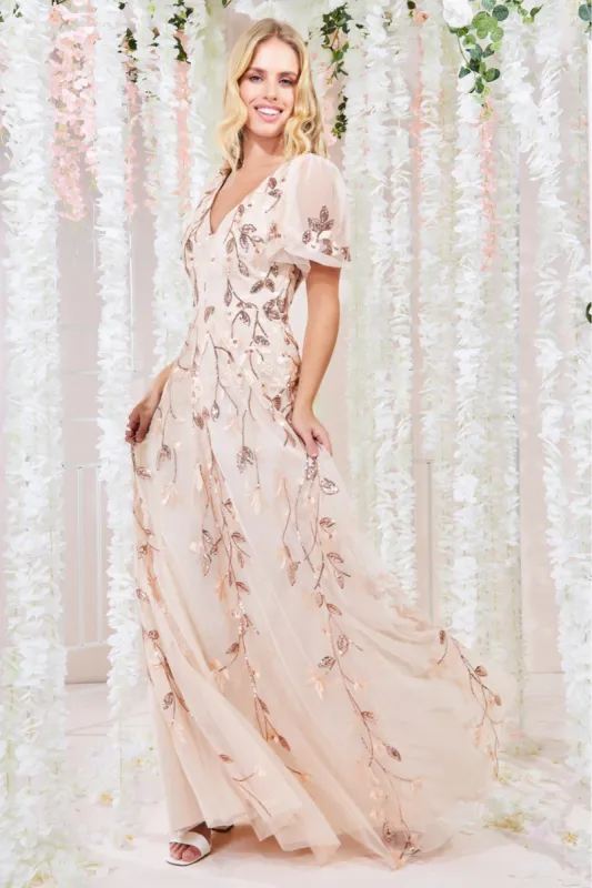Goddiva Flared Sleeve Embroidered Maxi Dress - Ivory sold by Goddiva