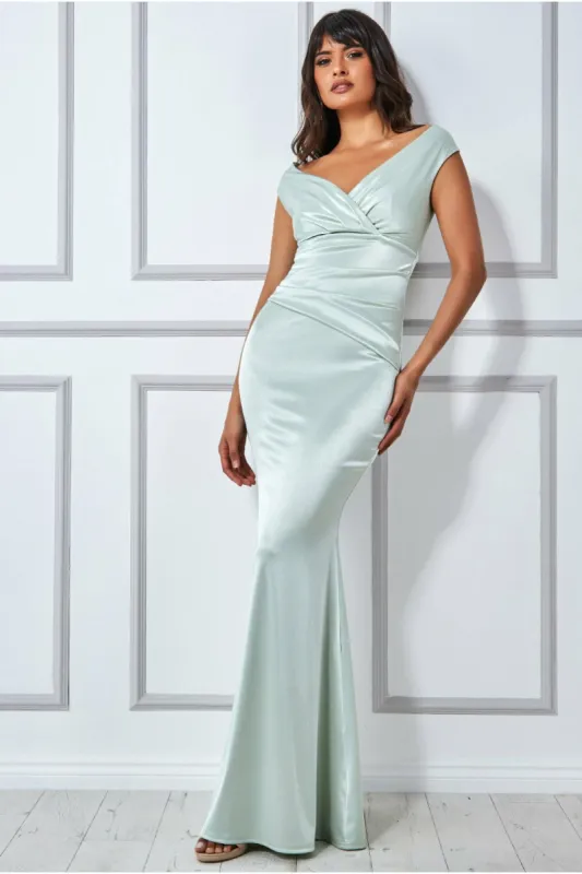 Satin Off The Shoulder Maxi Dress - Sage Green by Goddiva sold by Goddiva