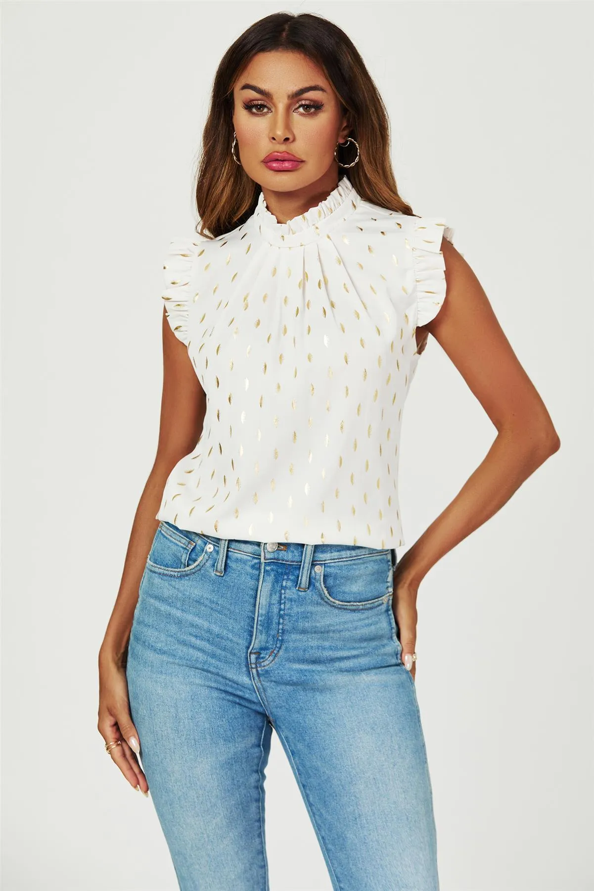 FS Collection Gold Foil Frill Trim Sleeve High Neck Blouse Top In Cream sold by Goddiva product image thumbnail 3