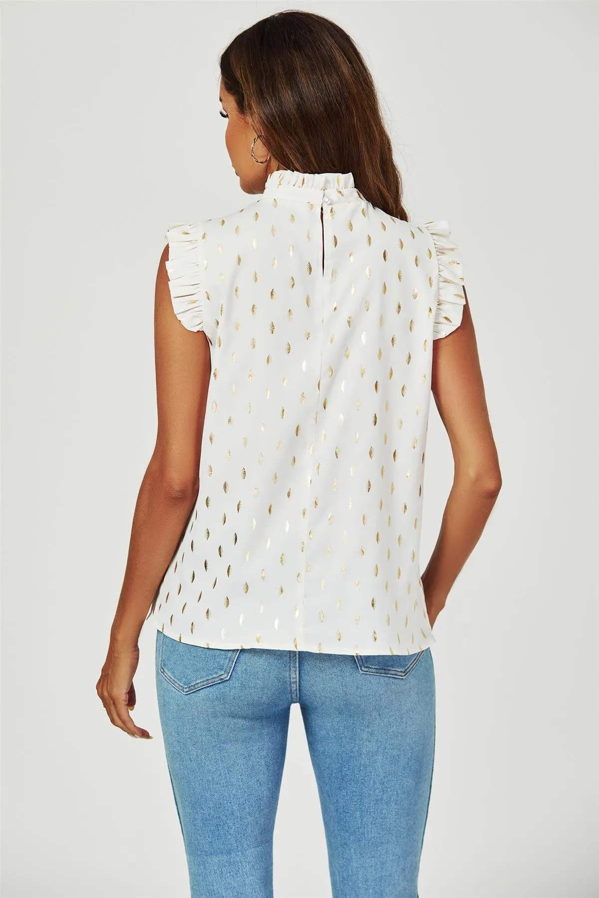 FS Collection Gold Foil Frill Trim Sleeve High Neck Blouse Top In Cream sold by Goddiva product image thumbnail 4