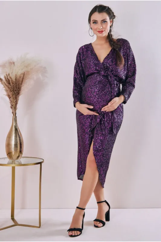 Maternity Wrap Sequin Midi Purple by Goddiva sold by Goddiva