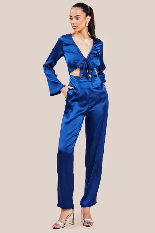 Cut Out Satin Jumpsuit - Navy by Goddiva sold by Goddiva