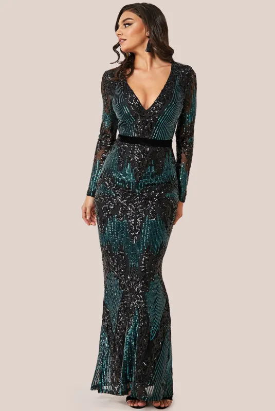 Long Sleeve Sequin Evening Maxi Dress - Emerald by Goddiva sold by Goddiva