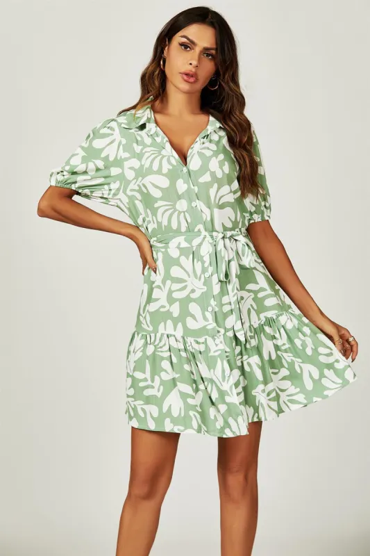 FS Collection Floral Print Hem Tiered Shirt Mini Dress In Green sold by Goddiva