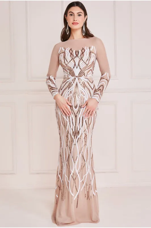 Long Sleeve Sequin Flame Maxi - Champagne by Goddiva sold by Goddiva
