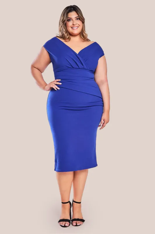 Scuba Bardot Pleated Midi Dress - Royalblue by Goddiva Plus sold by Goddiva