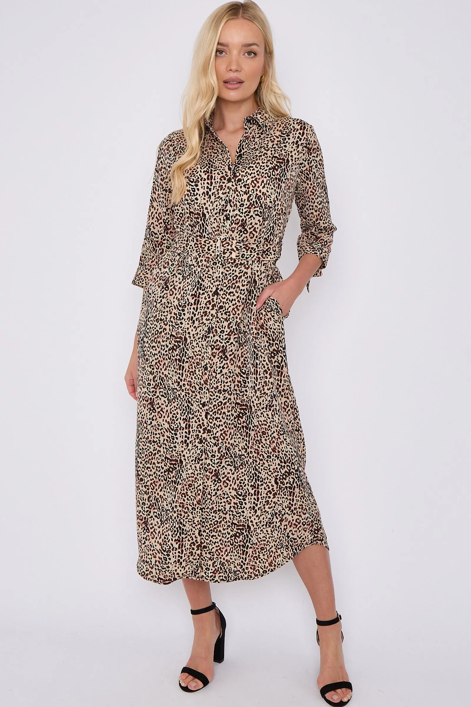 LOVE SUNSHINE Brown Leopard Print Half Sleeve Belted Maxi Shirt Dress sold by Goddiva product image thumbnail 2