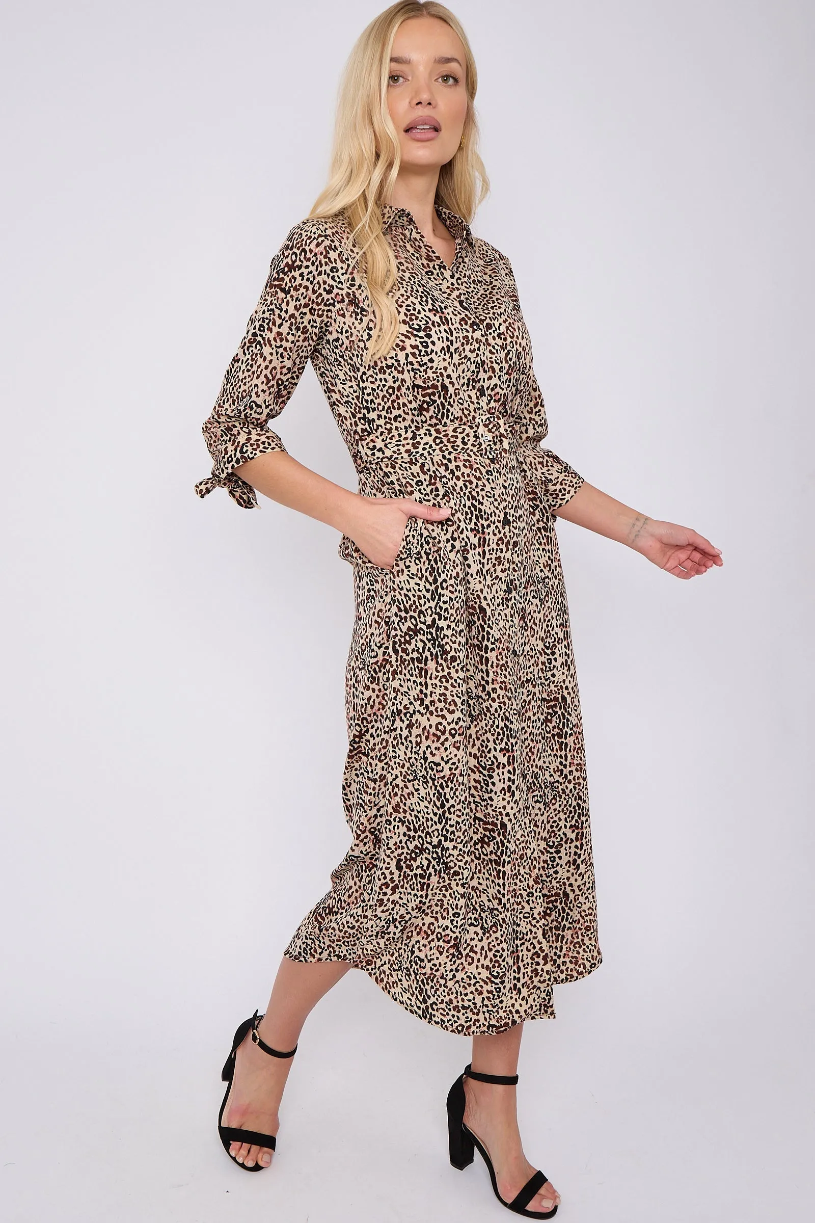 LOVE SUNSHINE Brown Leopard Print Half Sleeve Belted Maxi Shirt Dress sold by Goddiva product image thumbnail 3