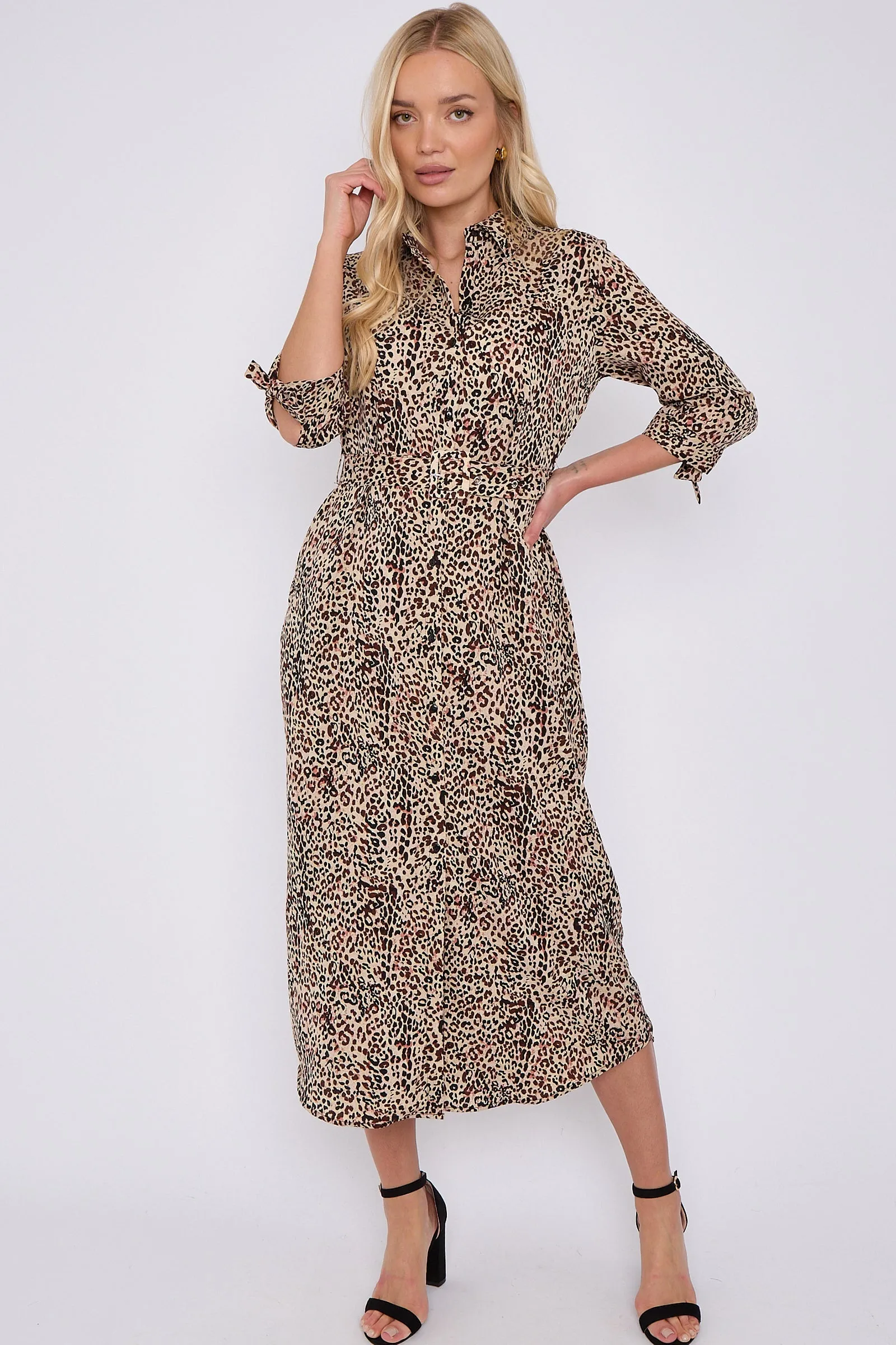 LOVE SUNSHINE Brown Leopard Print Half Sleeve Belted Maxi Shirt Dress sold by Goddiva product image thumbnail 4