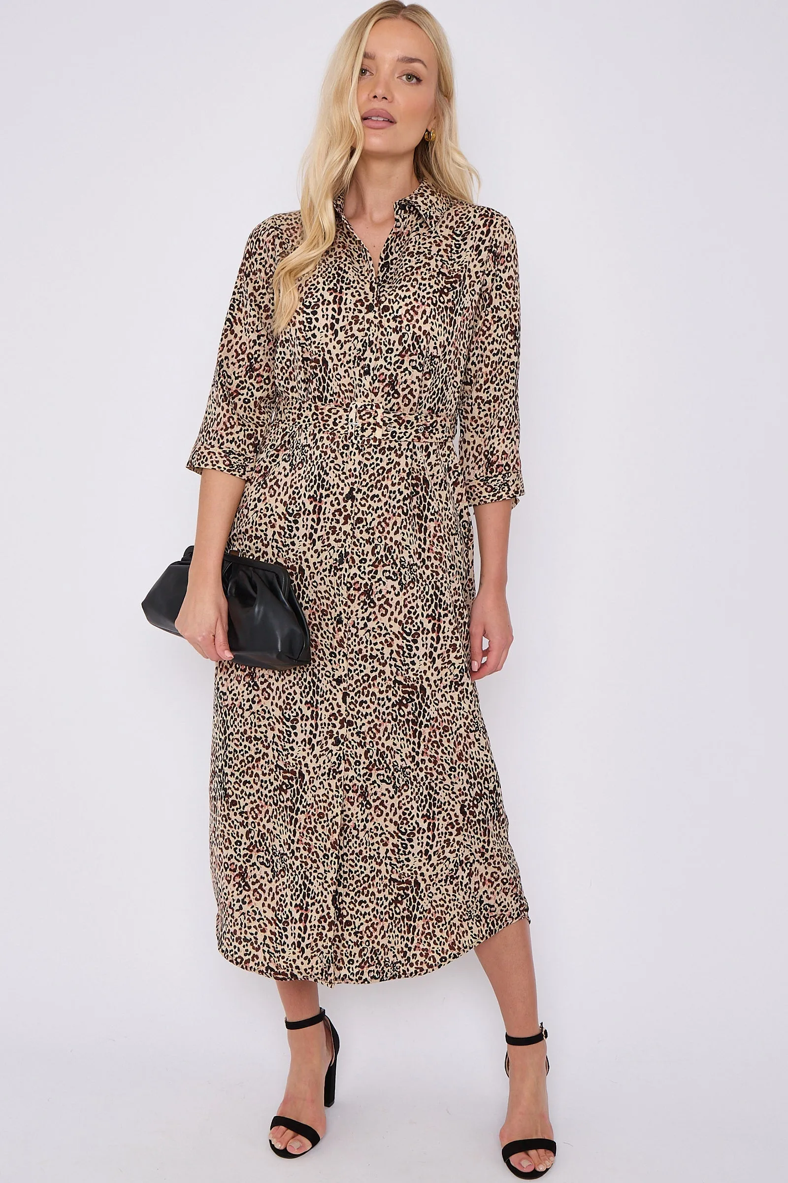 LOVE SUNSHINE Brown Leopard Print Half Sleeve Belted Maxi Shirt Dress sold by Goddiva