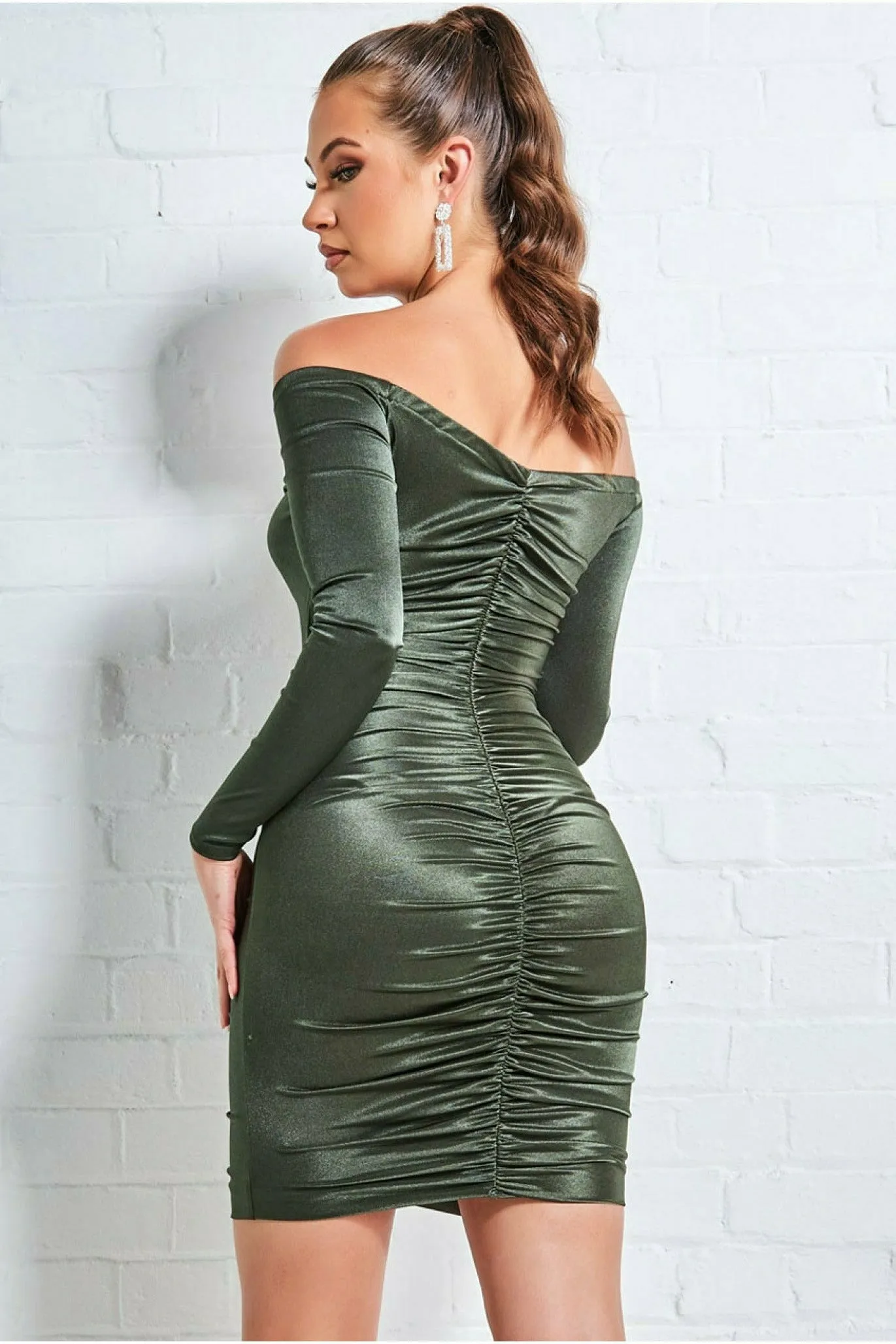 Off The Shoulder Ruched Mini - Khaki by Goddiva sold by Goddiva product image thumbnail 2