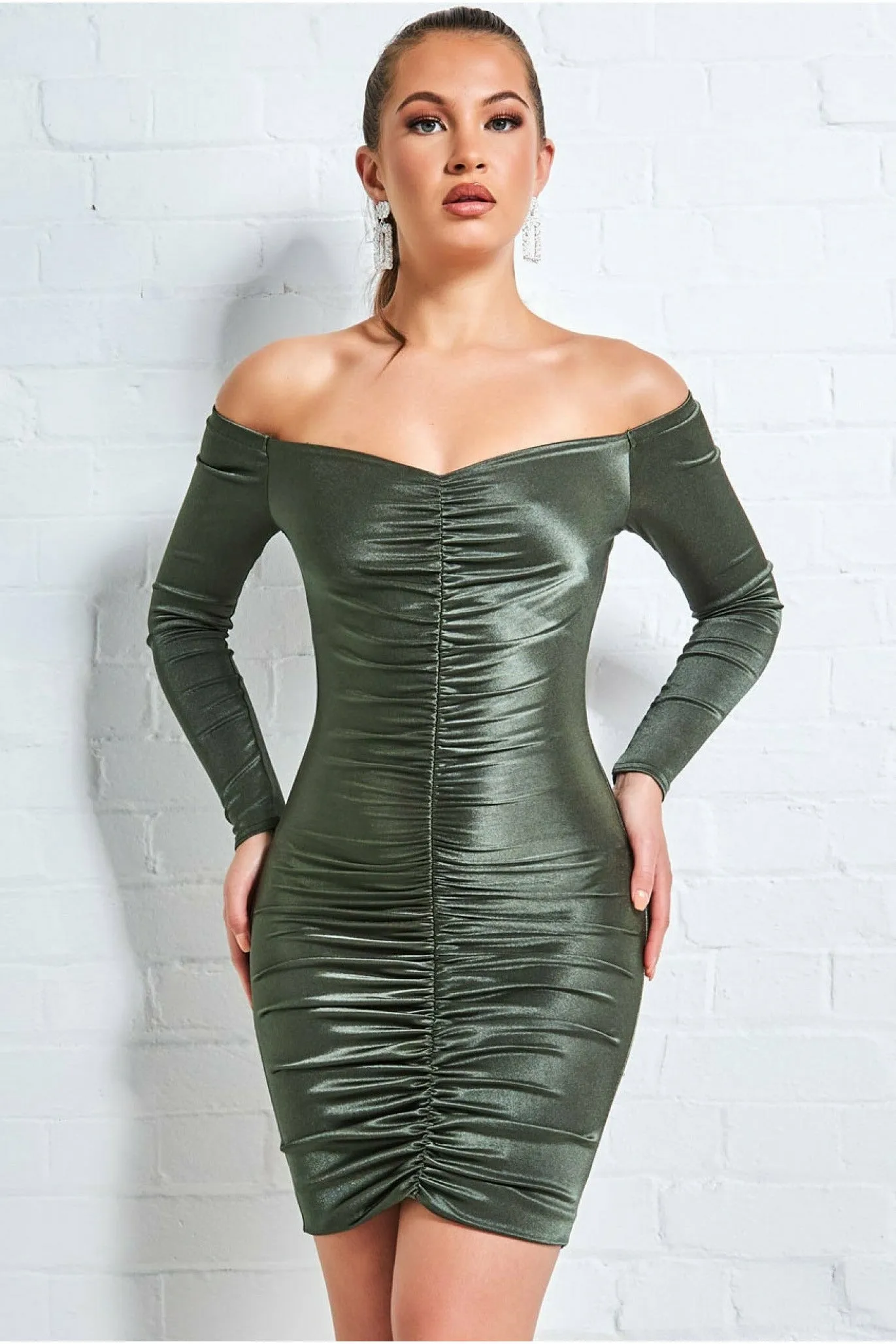 Off The Shoulder Ruched Mini - Khaki by Goddiva sold by Goddiva