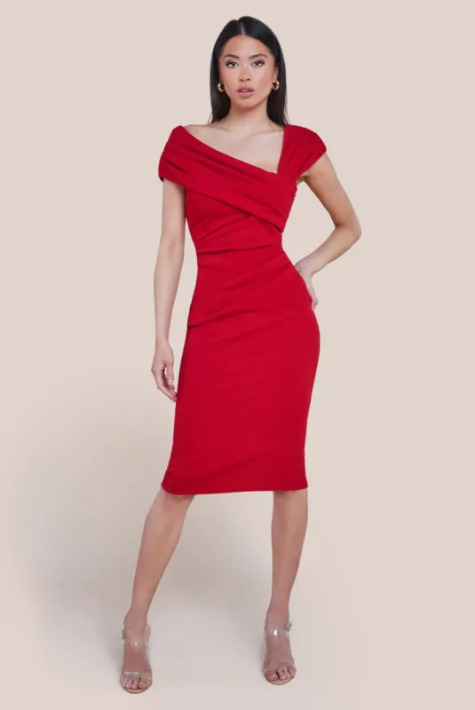 Scuba Crepe Pleated Drop Shoulder Midi Dress - Red by Goddiva sold by Goddiva