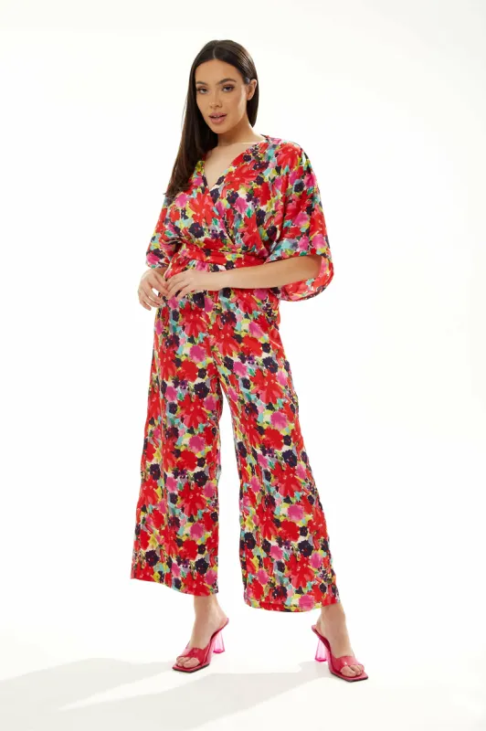 Liquorish Red Floral Jumpsuit With Short Sleeves sold by Goddiva