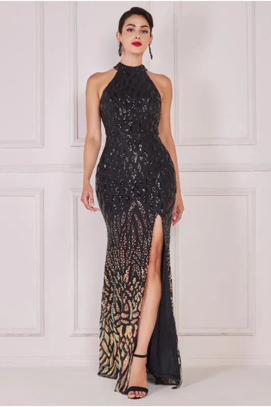 Ombre Sequin Halter Maxi With Thigh Split - Black by Goddiva sold by Goddiva