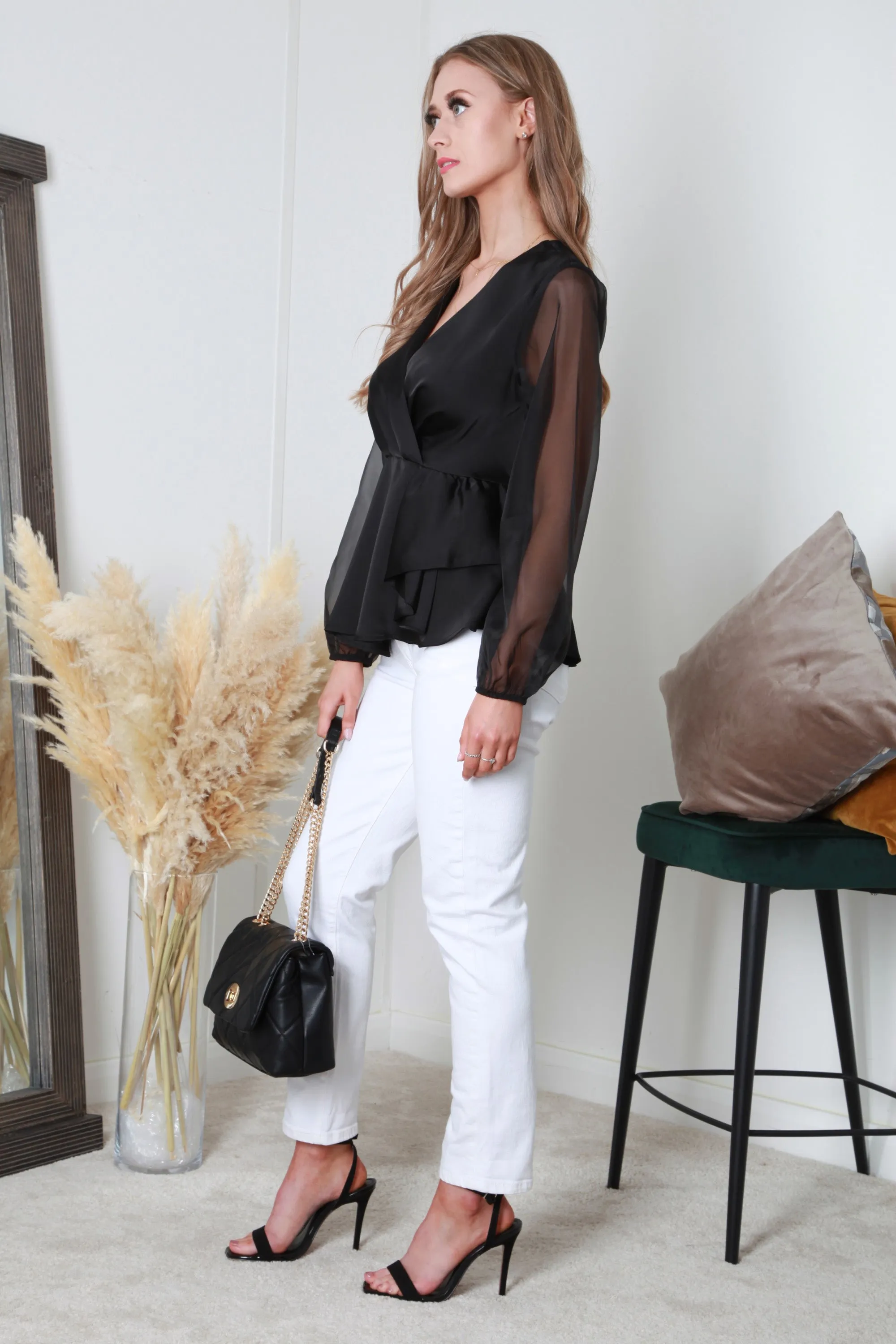 Black Frill Front Satin Top by Double Second sold by Goddiva product image thumbnail 3