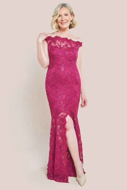 Lace Scallop Edge Mermaid Maxi Dress - Burgundy by Goddiva sold by Goddiva