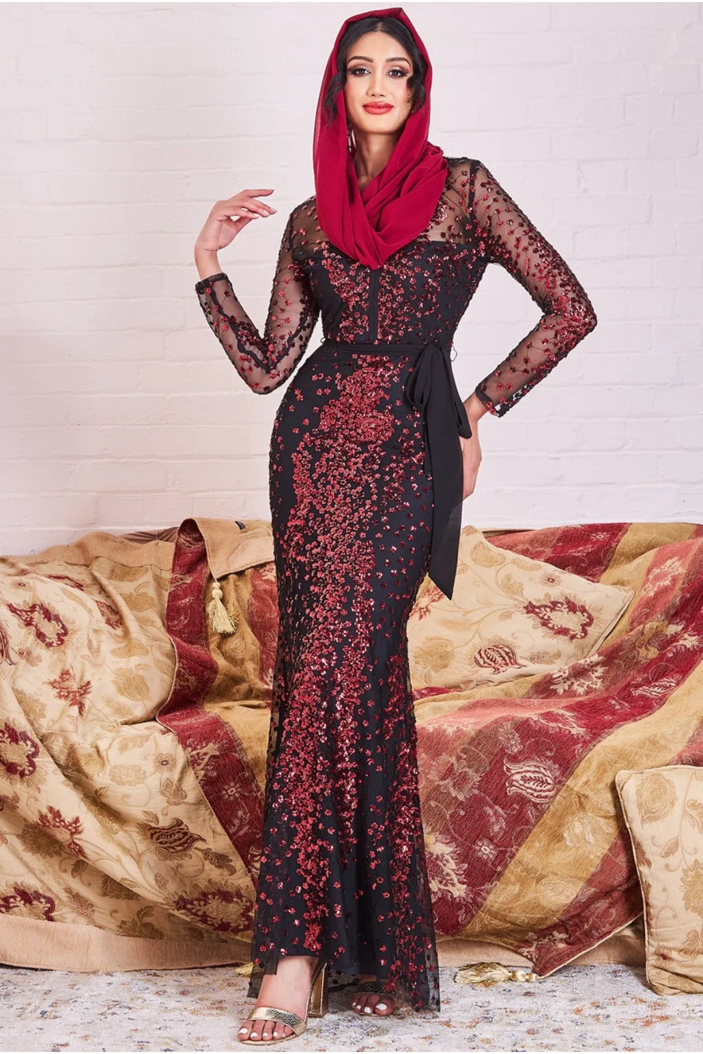 Modesty Sequin Maxi Dress - Wine by Goddiva sold by Goddiva