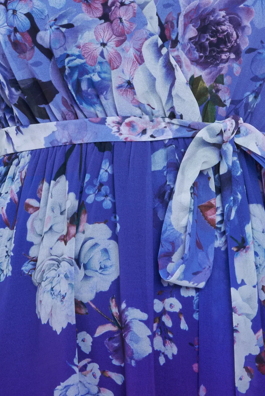 Flutter Sleeve A-Line Chiffon Floral Printed Midi Dress - Royal Blue by Goddiva sold by Goddiva product image thumbnail 4