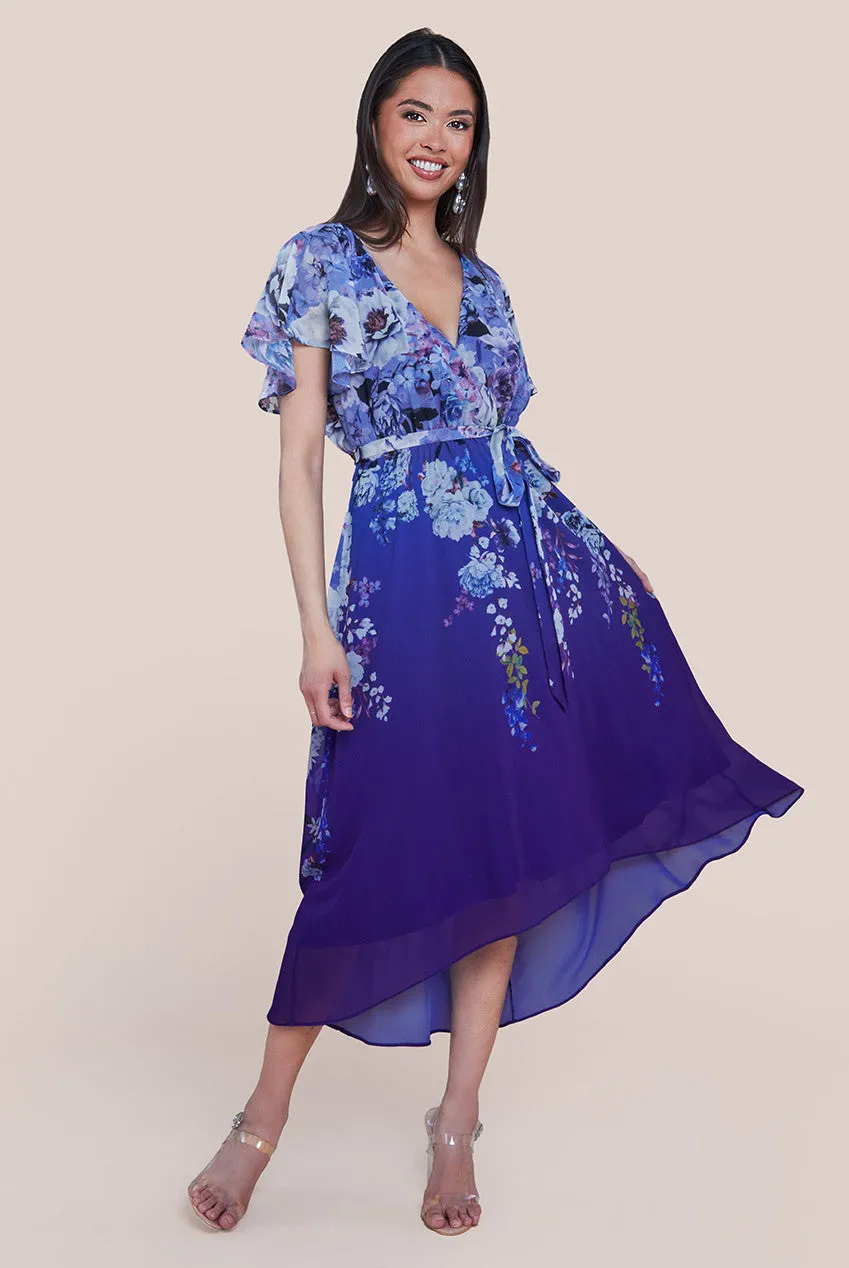 Flutter Sleeve A-Line Chiffon Floral Printed Midi Dress - Royal Blue by Goddiva sold by Goddiva