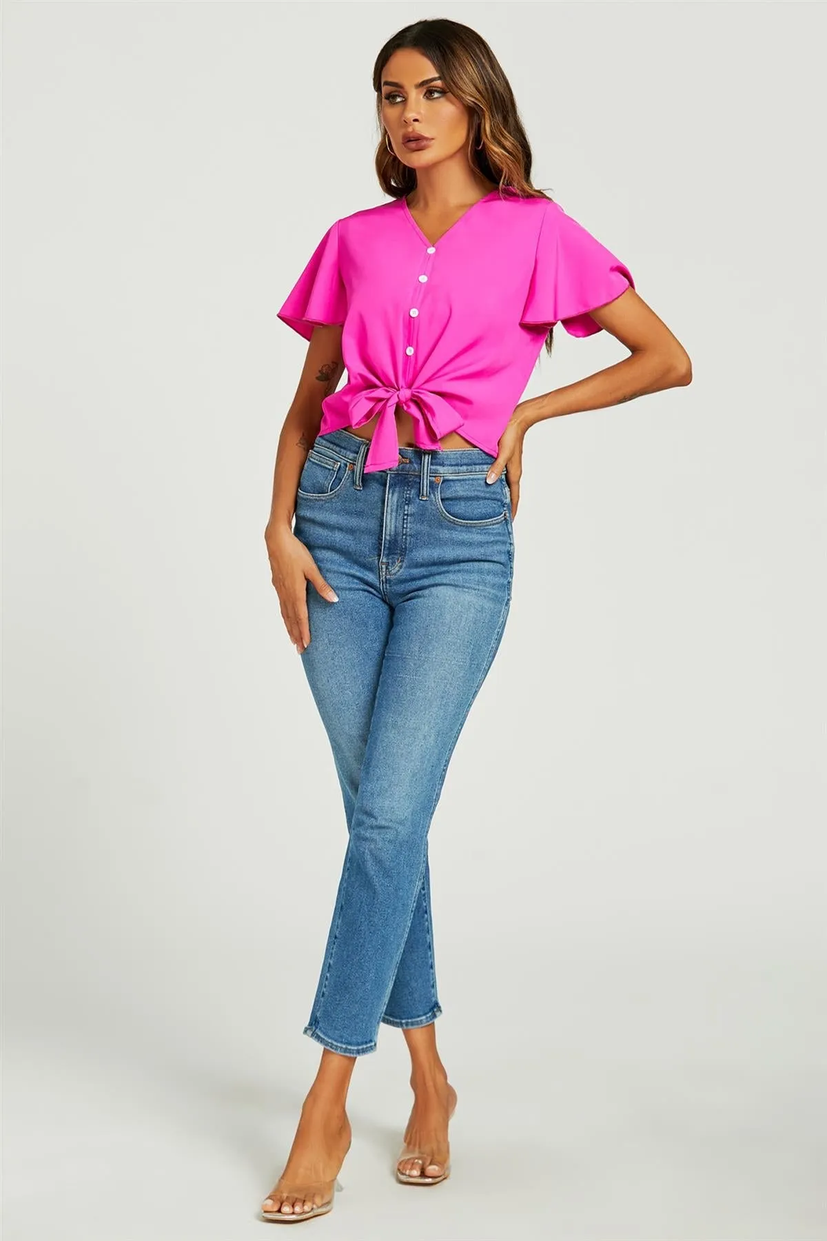 FS Collection Cute Tie Knot Front Buttoned Crop T Shirt Top In Fuchsia Pink sold by Goddiva product image thumbnail 4
