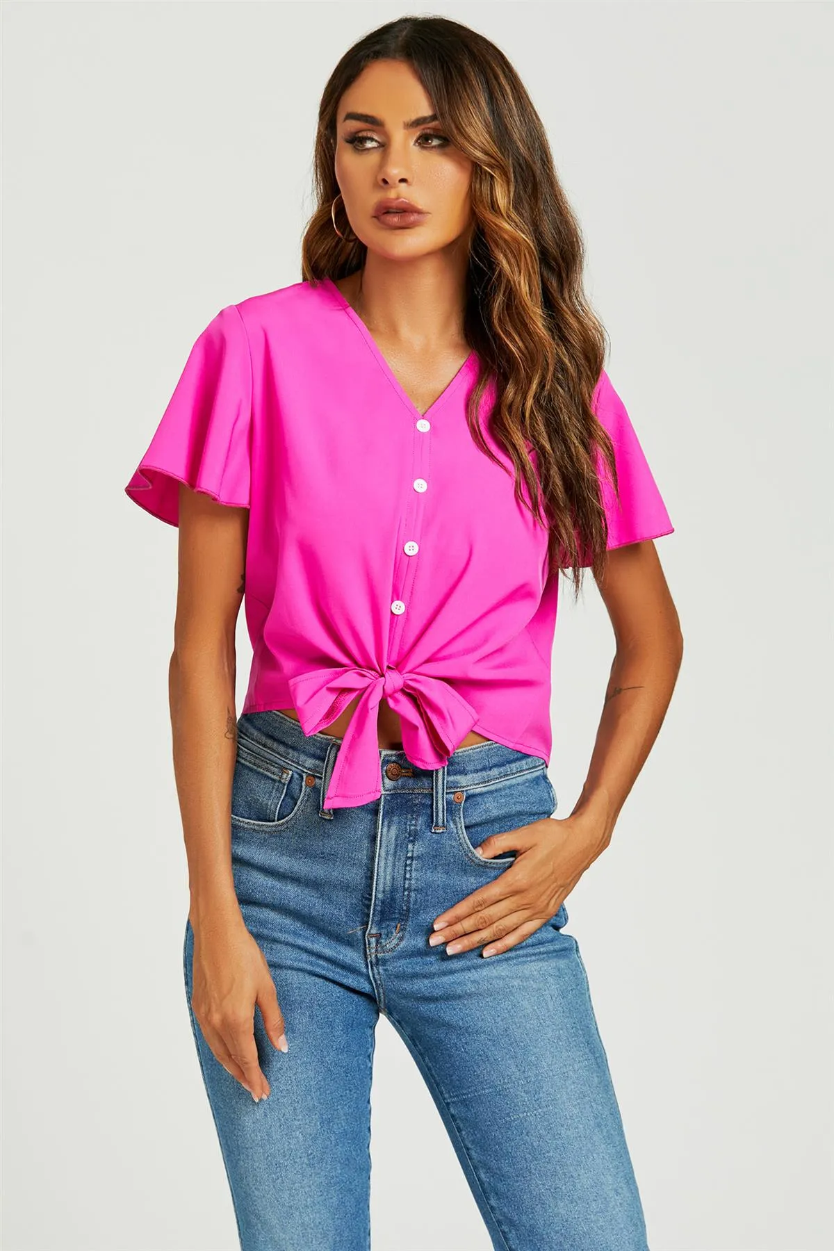 FS Collection Cute Tie Knot Front Buttoned Crop T Shirt Top In Fuchsia Pink sold by Goddiva