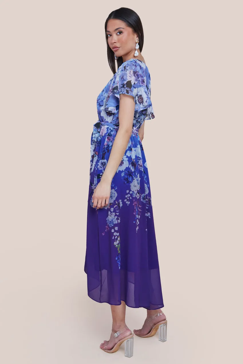Flutter Sleeve A-Line Chiffon Floral Printed Midi Dress - Royal Blue by Goddiva sold by Goddiva product image thumbnail 2
