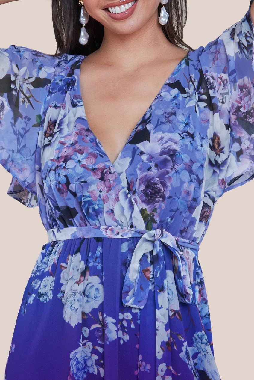 Flutter Sleeve A-Line Chiffon Floral Printed Midi Dress - Royal Blue by Goddiva sold by Goddiva product image thumbnail 3