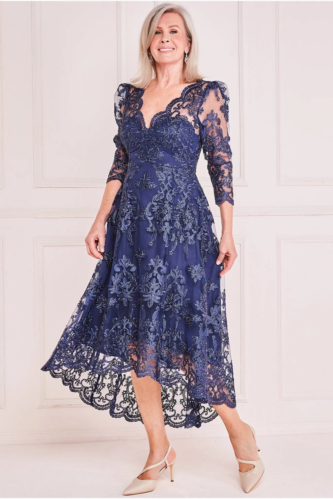 Scalloped Dipped Hem Lace Midi - Navy by Goddiva sold by Goddiva