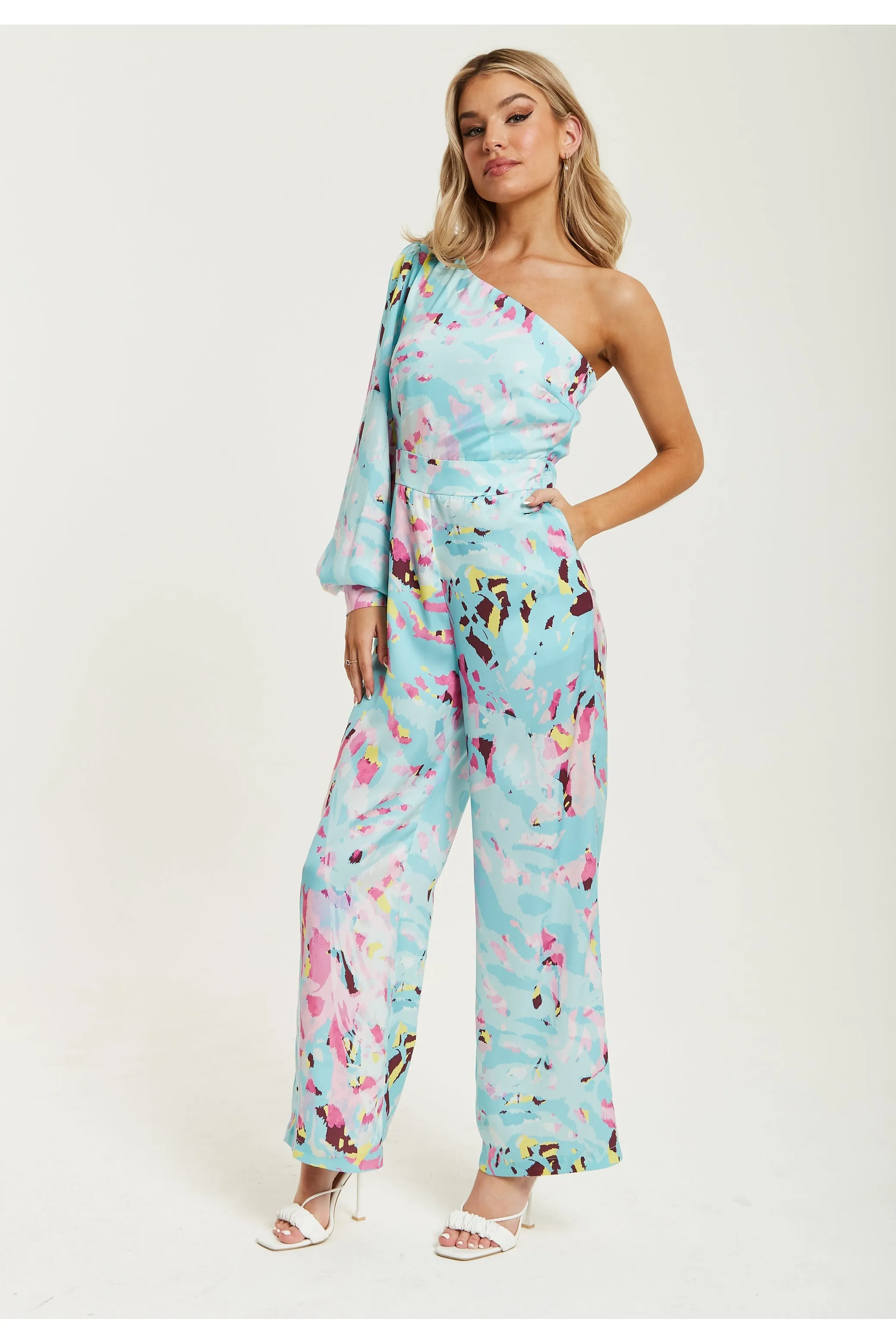 Blue Abstract Print One Shoulder Jumpsuit by Liquorish sold by Goddiva product image thumbnail 4